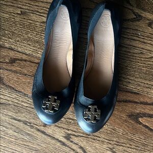 Tory Burch Black Leather Flats with Gold Logo